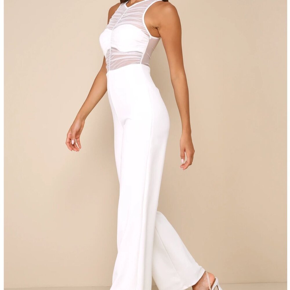 Lulus Sultry Charisma White Mesh Ruched Sleeveless Wide Leg Jumpsuit - Size L - Picture 5 of 5